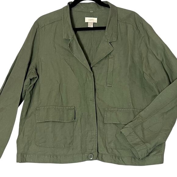 Linen Jacket Womens Large Olive Army Green Lagenlook Utility Blazer Fall Loft - Picture 1 of 9